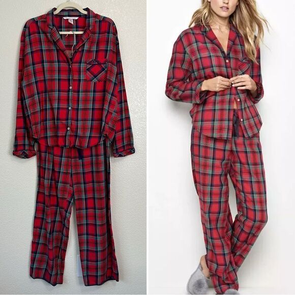Victoria’s Secret Mayfair Red Green Plaid 2 pc Pajama Set, Sz Medium - Picture 1 of 13